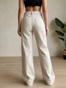 Women's Wide Leg Jeans, High Waist, Butt Lifting Design - 米色 - 查看 3
