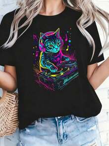 Men's Pure Cotton T-Shirt With Cat Graphic Design, DJ Techno EDM Rave Style, For Cat Lovers - Black 4 - View 4