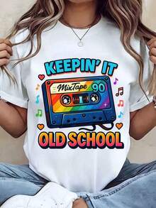 Women's T-Shirt With 90s Cassette Print "Keepin' It Old School Mixtape", Round Neck, Casual Style, Gift Idea For Music Lovers, Cool Summer Clothes For Women - 白色 - 查看 1