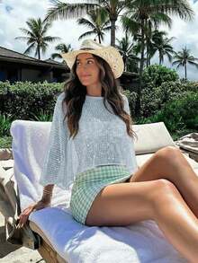 Elegante top de mujer de primavera/verano, de punto rosa, con cuello redondo, sólido, semitransparente, con capucha y detalles de lentejuelas calados, para uso casual, vacaciones y playa - azul claro - Ver 6