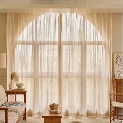 1pc Japanese Modern Natural Wood Style Linen Sheer Curtain, Versatile Atmosphere, Easy To Hang, Suitable For Balcony, Living Room, Bay Window, Bedroom Decor, All Season Use, Without Track Or Rod