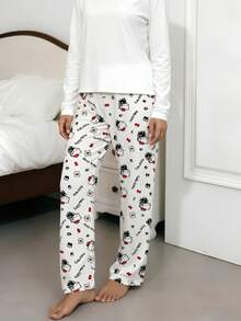 SANRIO 1件Hello Kitty卡通長褲，奶油白，柔軟長褲，休閒居家服，日常休閒褲，良好彈性輕量，高腰 - 白色 - 查看 3