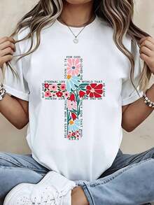 Camiseta de Moda para Mujer con Diseño Floral, Cruz y Versículo Bíblico Juan 316, Diseño de Fe Cristiana, Top Casual de Verano para Iglesia y Uso Diarioblusa casual mujer - Blanco - Ver 7