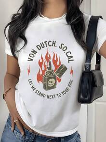 Fuego de pasión y rebeldía que surge de un encendedor abierto junto a una calavera simbolizando la fuerza interior y la energía indomable camiseta de mujer con estampado moderno urbano - Blanco - Ver 1