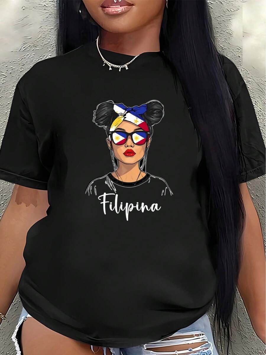 Camiseta de manga corta de poliéster, estampada con un diseño de estilo filipino, ligera y duradera, adecuada para el hogar, restaurantes o actividades al aire libre. Presenta colores brillantes y es cómoda de llevar.blusas para mujer>ropa - Negro - Ver 1