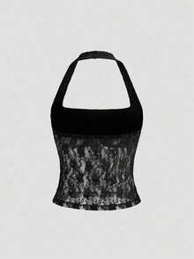 Top Halter de Encaje Sólido Elegante y Sexy Y2K para Fiestas de Navidad y Año Nuevo - Café integral - Ver 11