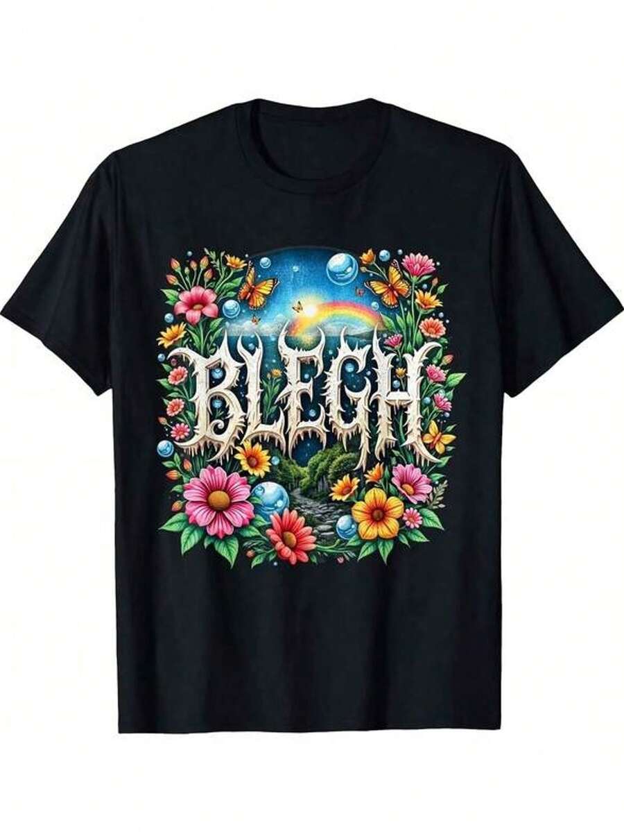 Women's Short Sleeve T-Shirt With Round Neck And Print Blegh Flowers Rainbow Maosas Art Of The Leza S-3XL Fashionable, Comfortable And Breathable, Machine Washable - 黑色 - 查看 1