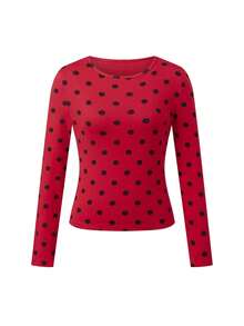 Polka Dot Tops For Women Y2K Long Short Sleeve Tee Crop Top Vintage Cute Slim Fit Crew Neck Shirt Going Out Streetwear - Đỏ - Xem 5