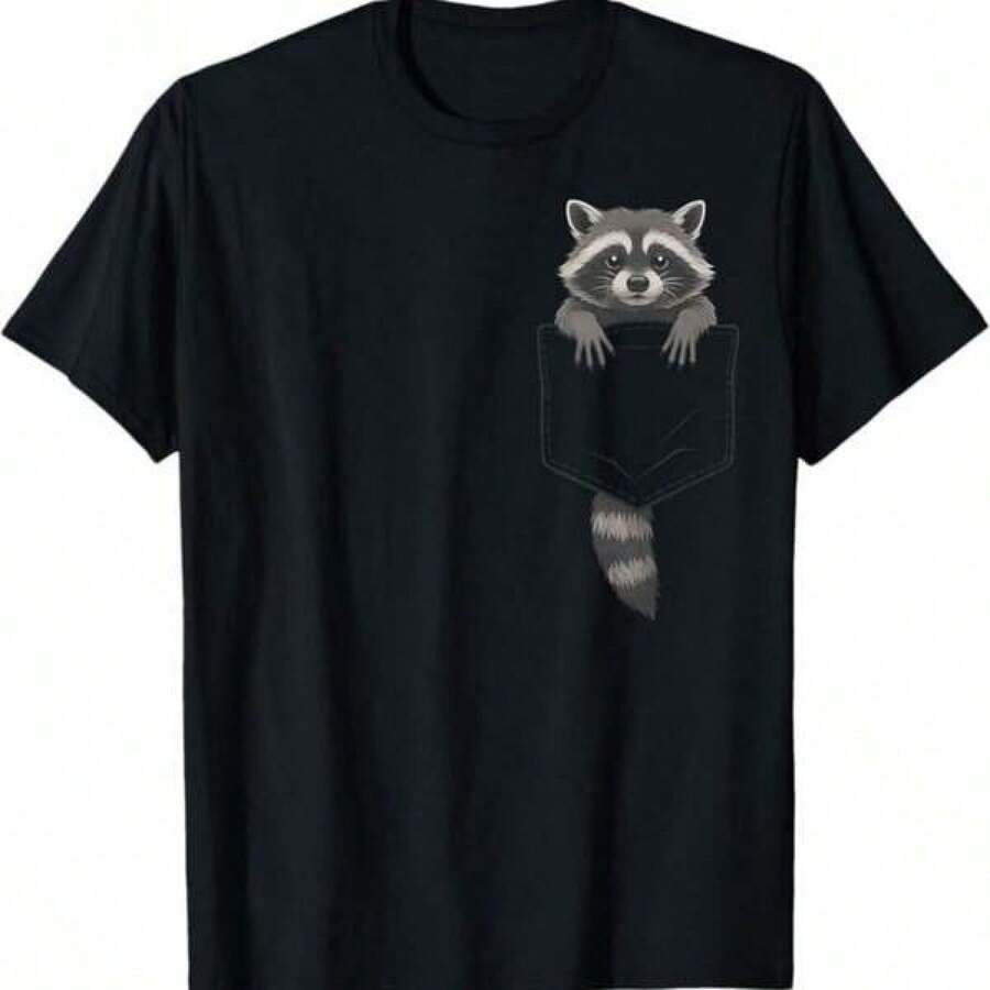 Camiseta estampada de algodón puro de 180 g/m² con un lindo bolsillo de mapache. Regalos divertidos para hombres, mujeres y niños. Confeccionada con tejido de punto. Cómoda, duradera, transpirable, suave, fácil de limpiar, resistente a las manchas. Adorable estilo individual de animal, perfecta para uso casual. La textura suave garantiza comodidad. - Negro - Ver 1
