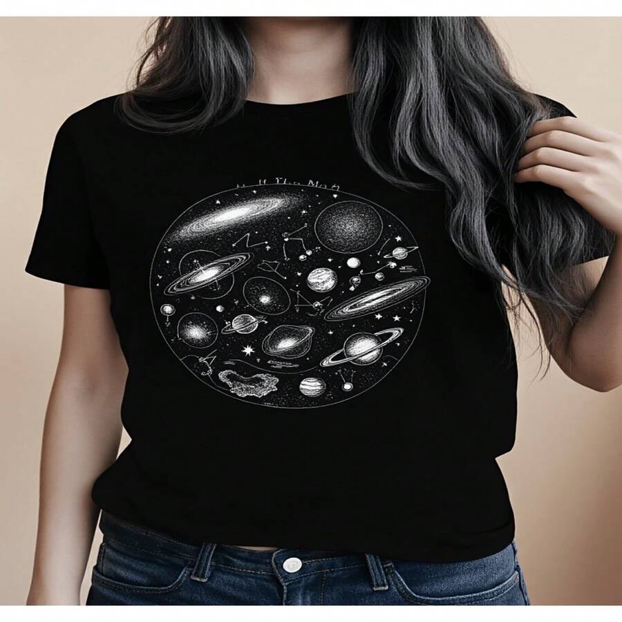 Women's Vintage Black Cotton Planet Galaxy Print Round Neck Short Sleeve T-Shirt Casual Regular Fit Top High Stretch Fabric - 黑色 - 查看 1