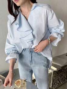 Blusa suelta con escote en V, volantes y parches elegante - Blanco - Ver 4
