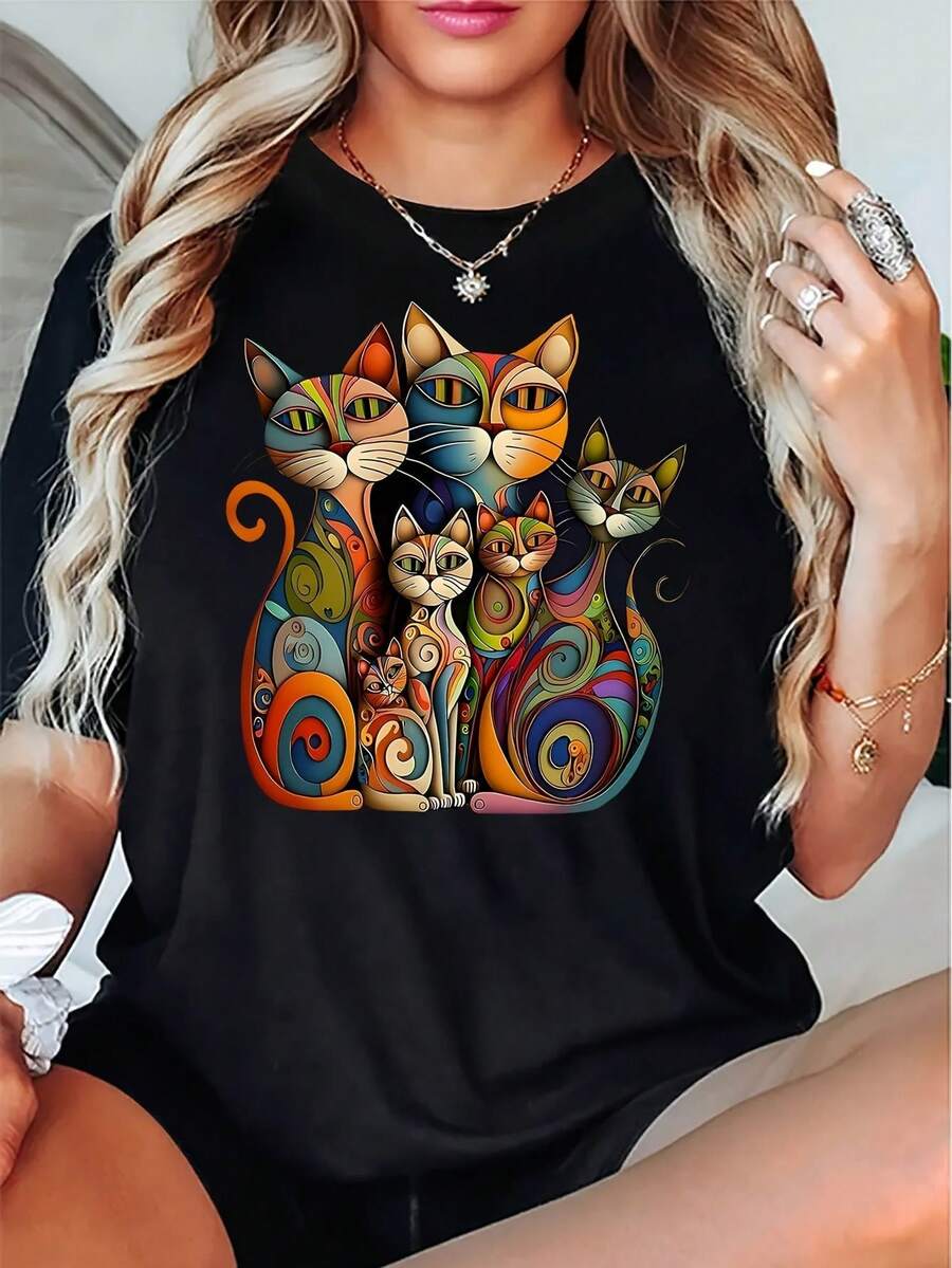 Women's Oversized Fashion T-Shirt With Colorful Cartoon Cat Print, Casual, Short-Sleeved, Breathable, Machine Washable, Comfortable, Suitable For All Seasons, Everyday Wear, Weekend Style, Fun. Same Style For Men And Women. Short-Sleeved Printed T-Shirt For Summer 2025. - 黑色 - 查看 1
