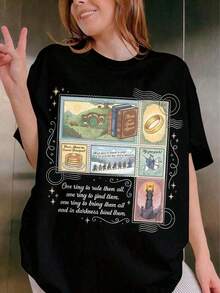 1 pieza de camiseta de algodón para mujer, camiseta inspirada en LOT Rings, Dark Lord Fantasy Reading, camisetas Middle Somewhere, camiseta The Shire Stamps para fans, camiseta con estampado Y2K de cuello redondo para mujer, para vacaciones, primavera, festival, ropa de verano para mujer, atuendo de Pascua para mujer suave. - Negro - Ver 7