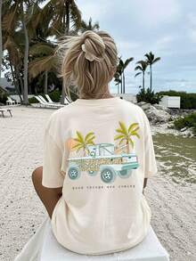 [Double-Sided Print] Women's Summer Casual T-Shirt, Cool Style, Truck And Palm Tree Print, "Good Things Are Coming" Print, Short Sleeve, Round Neck, 100% Cotton, Plus Size Off-The-Shoulder T-Shirt [LangK] - 杏色 - 查看 4