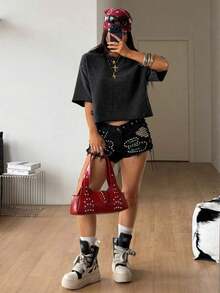 Women's Graphic Tee, Vintage Y2K Style, Casual Hip-Hop Style, Going Out, Oversized, Lip Print, For Everyday Urban Autumn Wear. - 灰色 - 查看 2