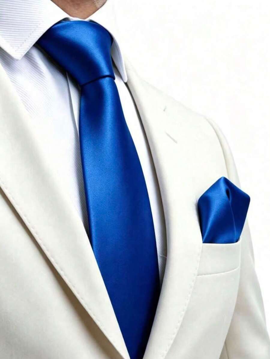 1 Set de Corbata Formal Clásica y Pañuelo de Bolsillo de unicolor para Hombre - azul real - Ver 1
