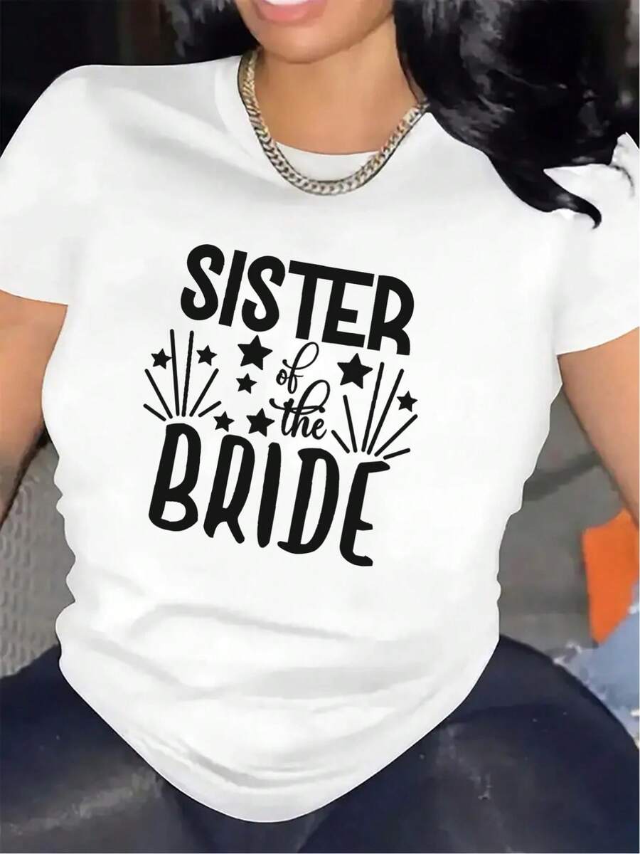 Exclusiva camiseta de manga corta, ligera y duradera, para la hermana de la novia, con diseño estampado, ideal para bodas y celebraciones, adecuada tanto para ocasiones en interiores como en exteriores, ofreciendo una experiencia de uso cómoda. 100% Algodón. - Blanco - Ver 1