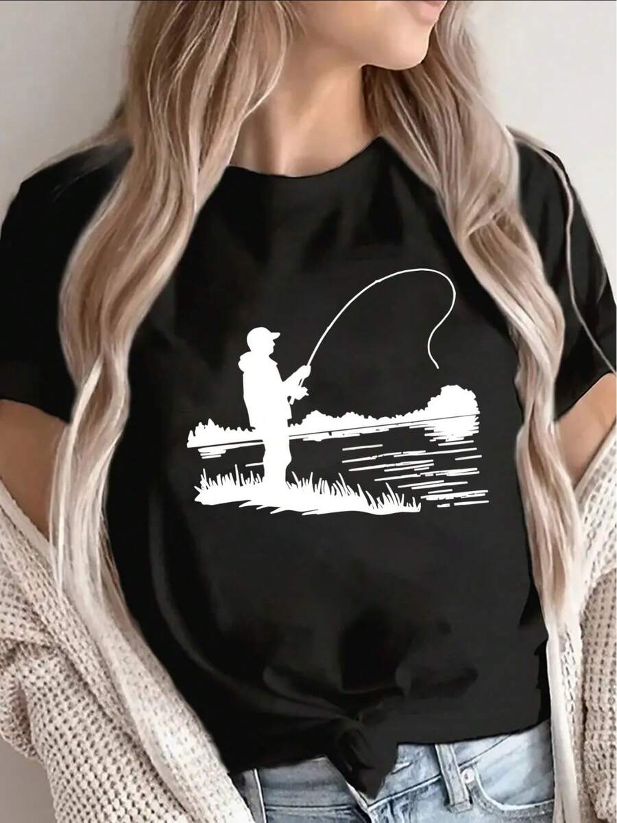 2026 Short Sleeve T-Shirt, Lightweight And Durable, Fisherman Design, Suitable For Outdoor Activities And Casual Wear, Unisex, Ideal For Camping, Fishing Or Everyday Use. - 黑色 - 查看 1