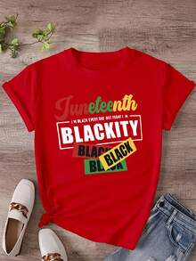 1 pieza de camiseta de mujer para la celebración de Juneteenth, 100% fibra de poliéster, cuello redondo, manga corta, patrón geométrico, corte casual regular, top de tela de punto para todas las estaciones, 180 gramos - estampado negro. - Rojo - Ver 1