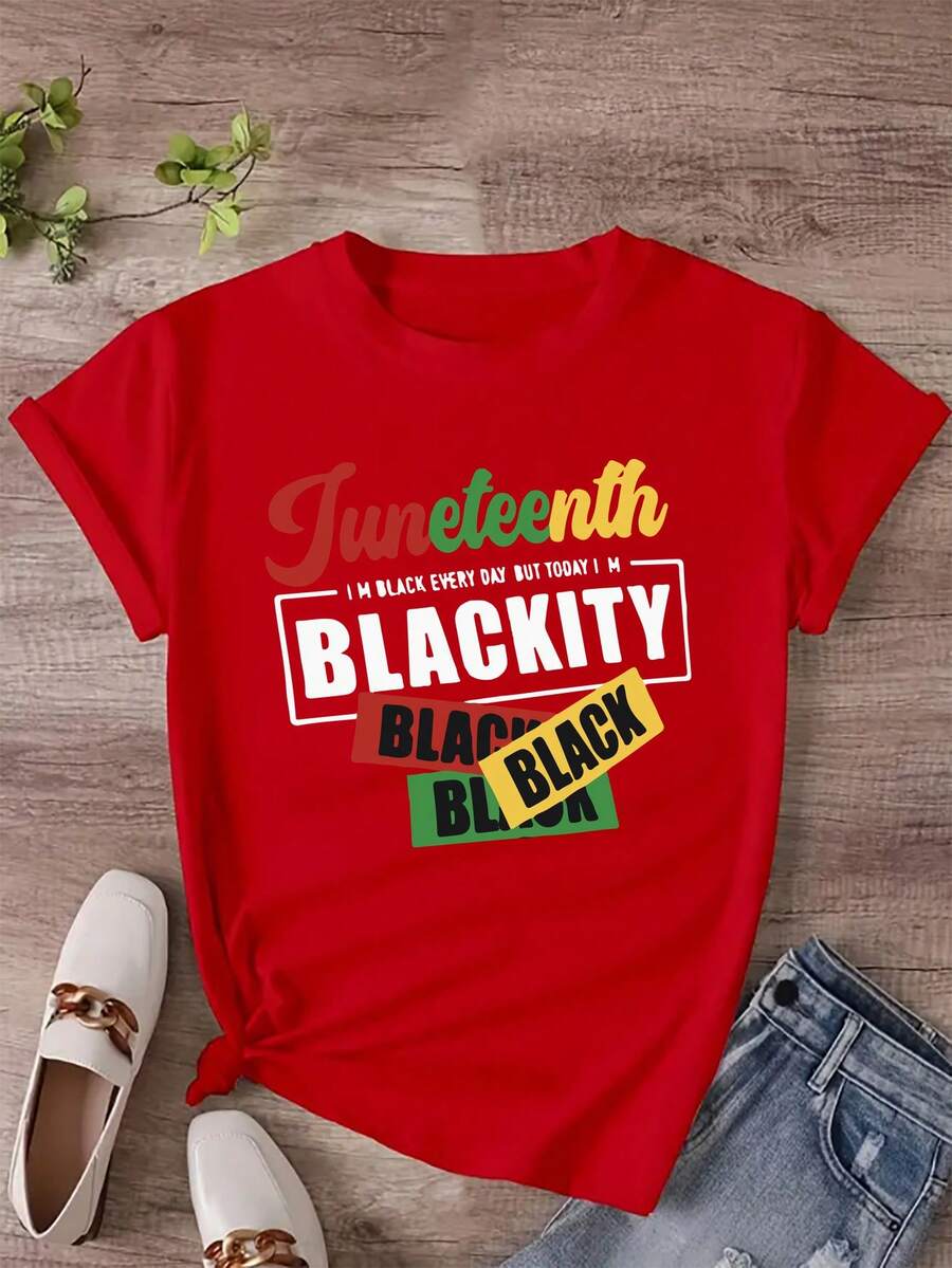 1 pieza de camiseta de mujer para la celebración de Juneteenth, 100% fibra de poliéster, cuello redondo, manga corta, patrón geométrico, corte casual regular, top de tela de punto para todas las estaciones, 180 gramos - estampado negro. - Rojo - Ver 1