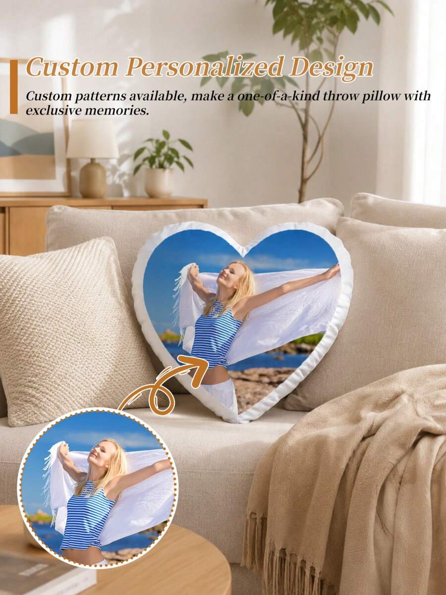 1pc Customized Photo Heart-Shaped Throw Pillow Personalized Cushion Home Decor