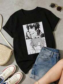 Gift: Women's Soft And Casual Short-Sleeved T-Shirt With A Round Neck, Classic Print Featuring Two Anime Characters In White With Smiling And Pouting Expressions. - 黑色 - 查看 2
