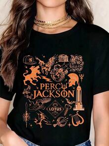 Pure Cotton T-Shirt, 2026 Style, With Mythological Symbols And New York Icons, Graphic Design For Fans Of The Series, Orange And Black Print On White Cotton T-Shirt - Vintage T-Shirt. - 黑色 - 查看 6
