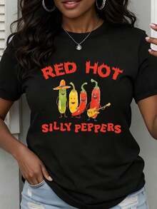 Women's Red Crew Neck T-Shirt With Chili Peppers Band Print, Short Sleeve, Casual Summer Blouse - 黑色 - 查看 1