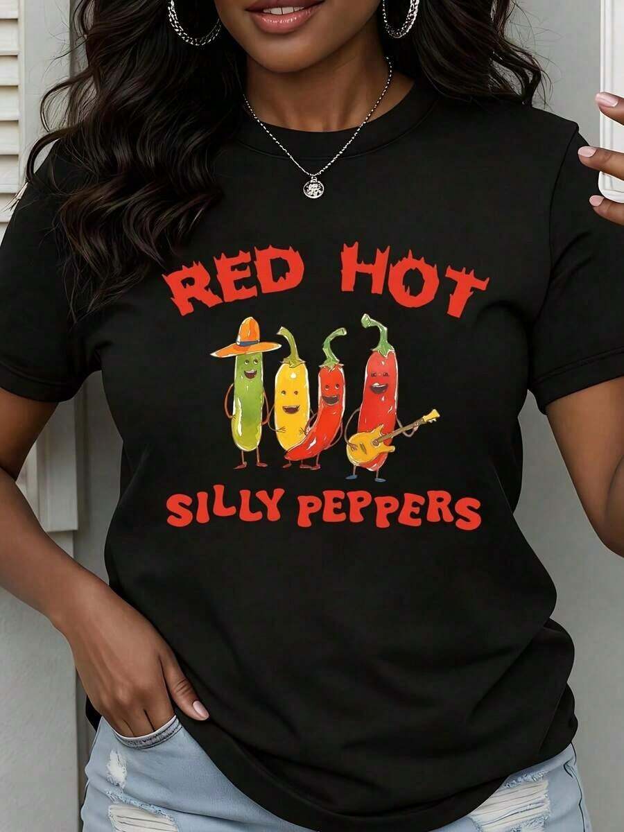 Women's Red Crew Neck T-Shirt With Chili Peppers Band Print, Short Sleeve, Casual Summer Blouse - 黑色 - 查看 1