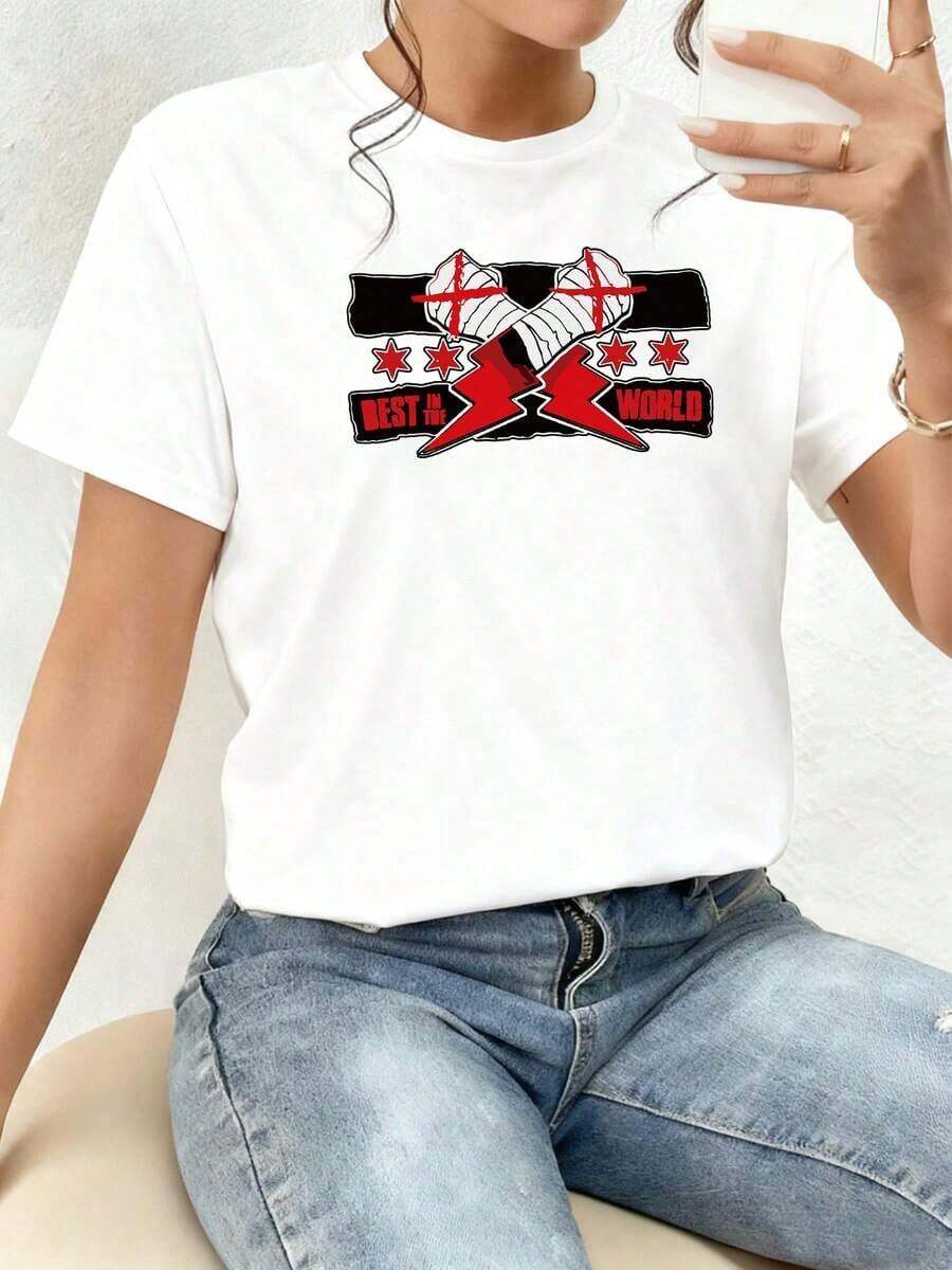 Two Crossed Bandaged Fists With Red Symbols Represent Strength, Determination, And Fighting Spirit; Lightning And Stars Evoke Urban Energy And Personal Power. Women's 100% Cotton T-Shirt, Comfortable, Modern, And Attractive For Everyday Wear. New Summer Women's T-Shirt, Casual And Comfortable Crew Neck Top - 白色的 - 查看 1