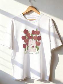 White Rabbit And Wine Tulip T-Shirt, Fashionable Short-Sleeve T-Shirt For Spring/Summer 2026, Made In Mexico, 180 Grams. Cartoon Print, Couple Design, Suitable For Indoor Or Outdoor Wear. Crew Neck, Unisex, Ideal For Office And Leisure. One-Piece Pack. - WH-P631577SLNDXZGY637 - 查看 1