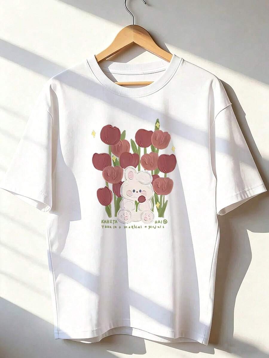 White Rabbit And Wine Tulip T-Shirt, Fashionable Short-Sleeve T-Shirt For Spring/Summer 2026, Made In Mexico, 180 Grams. Cartoon Print, Couple Design, Suitable For Indoor Or Outdoor Wear. Crew Neck, Unisex, Ideal For Office And Leisure. One-Piece Pack. - WH-P631577SLNDXZGY637 - 查看 1