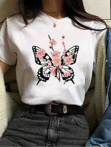 Round Neck T-Shirt With Butterfly Print, Casual Short Sleeve Top For Spring And Summer, Women's Clothing, Elegant Party Outfit, T-Shirt For Elegant Ladies, Blouses Suitable For Curvy Women, Prom Skirts, Casual Wear, Adorable Animal Print, Fun Letter Print, Combinable With Street Fashion - 白色 - 查看 4