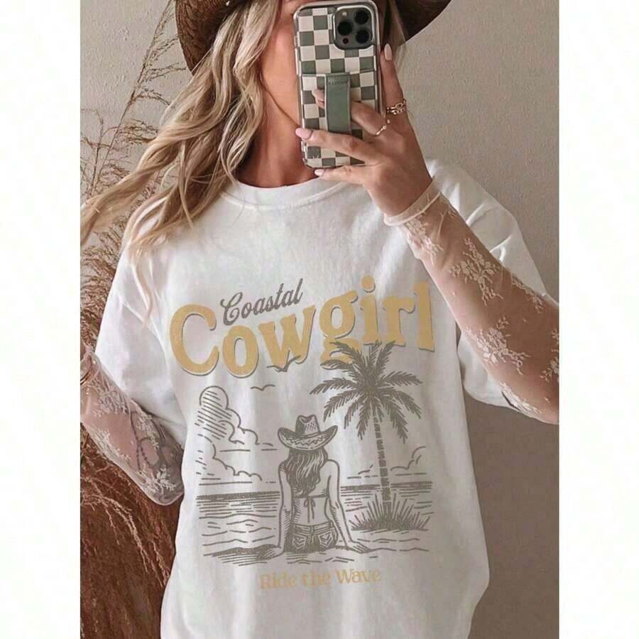Women's Lightweight Summer Casual Graphic T-Shirt, Retro Beach Denim Style With Palm Tree Print, Soft Cotton Short Sleeve T-Shirt, Loose Fit, Bohemian Style, Country Western Clothing For Women, 100% Cotton. - 白色 - 查看 1