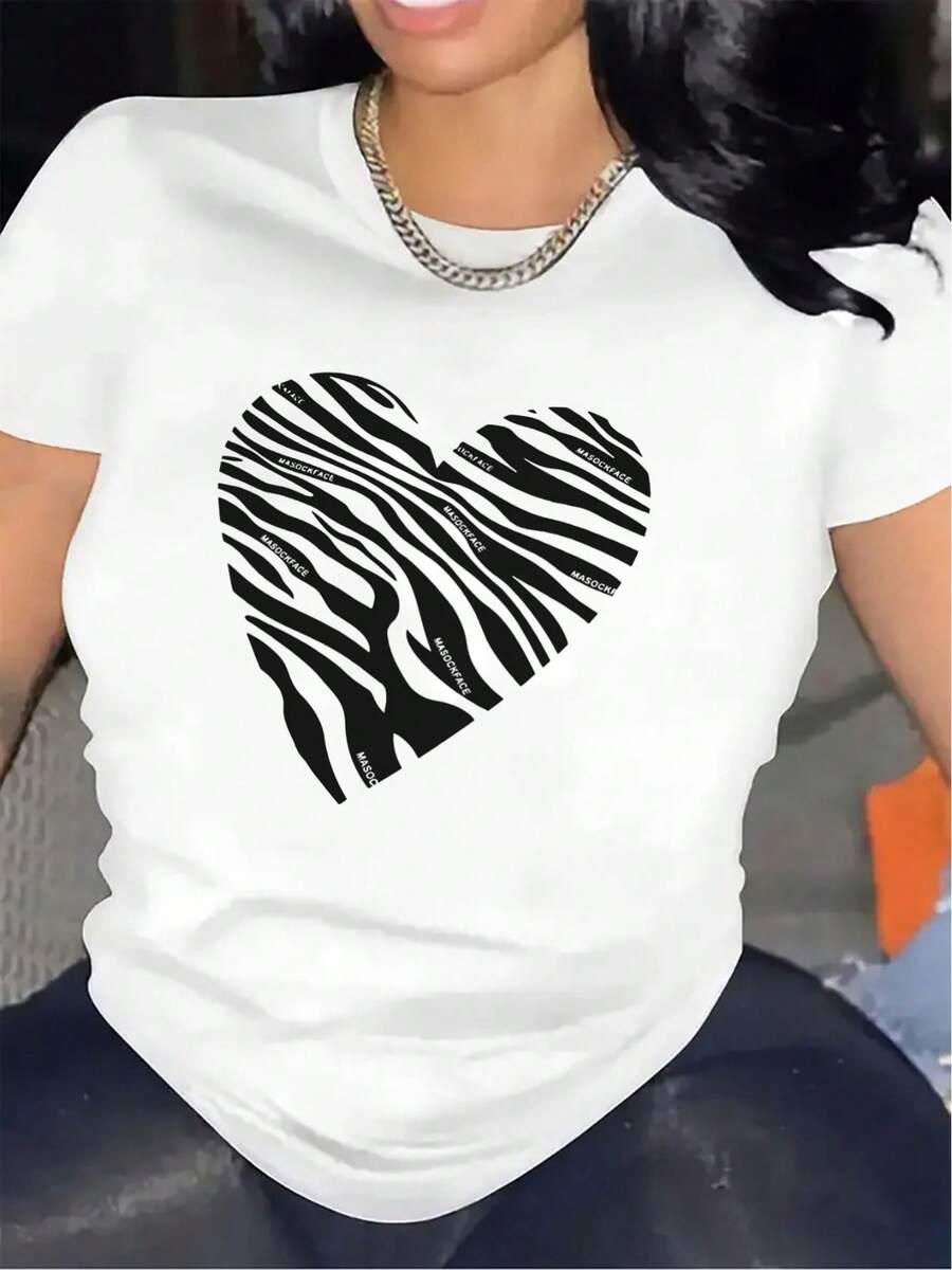 Short-Sleeved T-Shirt With A Zebra Heart Print, Made Of Durable, Lightweight, And Comfortable Polyester Fiber, Suitable For Casual Wear At Home, In Restaurants, Or For Outdoor Occasions. Elegant Party Outfit, Stylish Ladies' T-Shirt, Blouses Suitable For Curvy Women, Prom Skirts, Casual Wear. Adorable Animal Print, Fun Letter Print, Versatile Enough To Match Streetwear. - 白色 - 查看 1