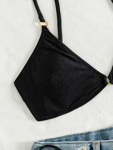 2er/Set 2026 Neue elegante sexy rückenfreie einfarbige Bikini-Badeanzüge mit Ring-Dekor, Strandurlaub Outfit Sommerferien - Schwarz - Übersicht 6