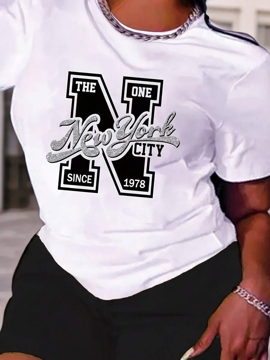 1 camiseta casual de manga corta para mujer - Estampado geométrico de la ciudad de Nueva York, top de cuello redondo semitransparente, lavable a máquina, corte regular en forma de H, adecuada para primavera, verano y todas las estaciones, tela ligera, duradera para uso diario, 180g Algodón 100%. - Blanco - Ver 1