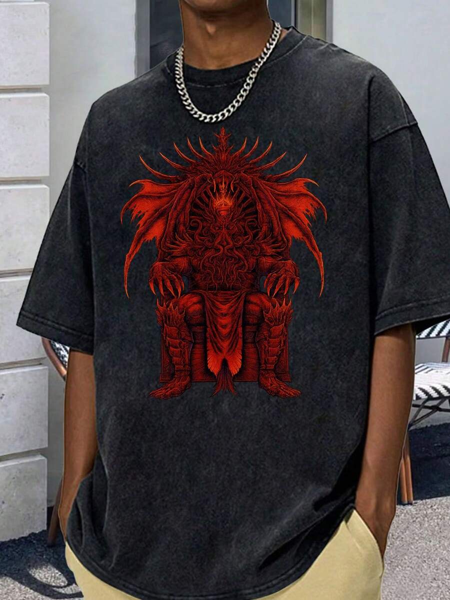 Nuevo modelo 2026,% algodón lavado, estilo casual urbano, adecuado para fiestas o festivales, tela suave y transpirable, diseño de estampado moderno, unisex, ligero y cómodo de llevar, diseño de moda vintage. - Negro - Ver 1