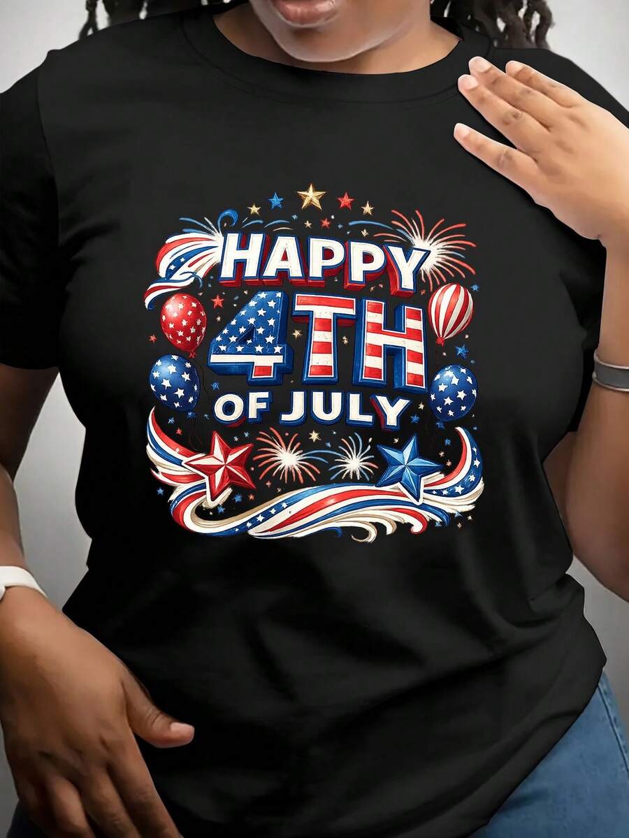 Camiseta Deportiva Casual para con Colorido Diseño Patriótico del 4 de Julio - Camiseta Elástica de Cuello Redondo, Lavable aáquina, Ajuste Cómodo para Todas las Estaciones, para Celebraciones y Actividades al Aire Libre. - Negro - Ver 1