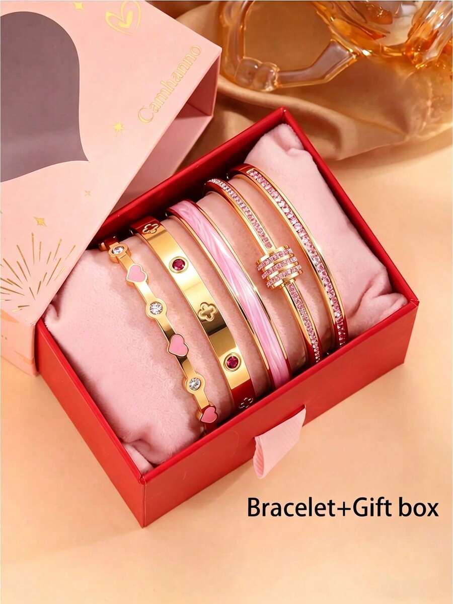 Camhanno 5/1 món - Bộ vòng tay nữ màu hồng nhẹ nhàng, vòng tay thép không gỉ mạ vàng 18k đính đá zirconia không phai màu, hộp quà sinh nhật và lễ hội - vàng 2 - Xem 1