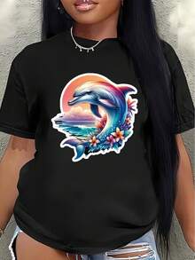 Women's Short-Sleeved Polyester T-Shirt With A Dolphin And Ocean Design. Lightweight And Durable, Suitable For Casual Wear, Ideal For The Beach, Home, Or Outdoor Activities. Features Bright Prints And Is Comfortable To Wear. - 黑色 - 查看 7