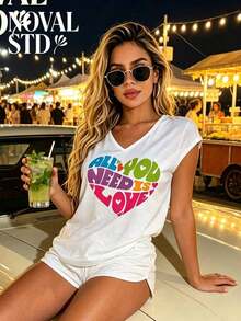 1 Piece Of White Short-Sleeved T-Shirt With Round Neck, Casual Holiday Style, Loose And Multifunctional, With Beatles Strawberry Field Forever Print For Women, Ideal For Everyday Wear. 180g 100% Cotton. - 白色 3 - 查看 2