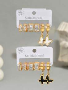6pcs/Set Women's Stainless Steel Butterfly Rhinestone Hoop Earrings Set, Suitable For Daily Wear - Multicolor - View 6