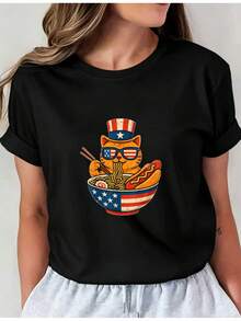 Camiseta Deportiva Casual para Mujer en Negro con Colorida Ilustración de Gato de Dibujos Animados - Camiseta Elástica de Cuello Redondo, Lavable aáquina, Ajuste Cómodo y Apta para Todas las Estaciones, para Combinar con Pantalones de Sudadera Grises. - Negro - Ver 1