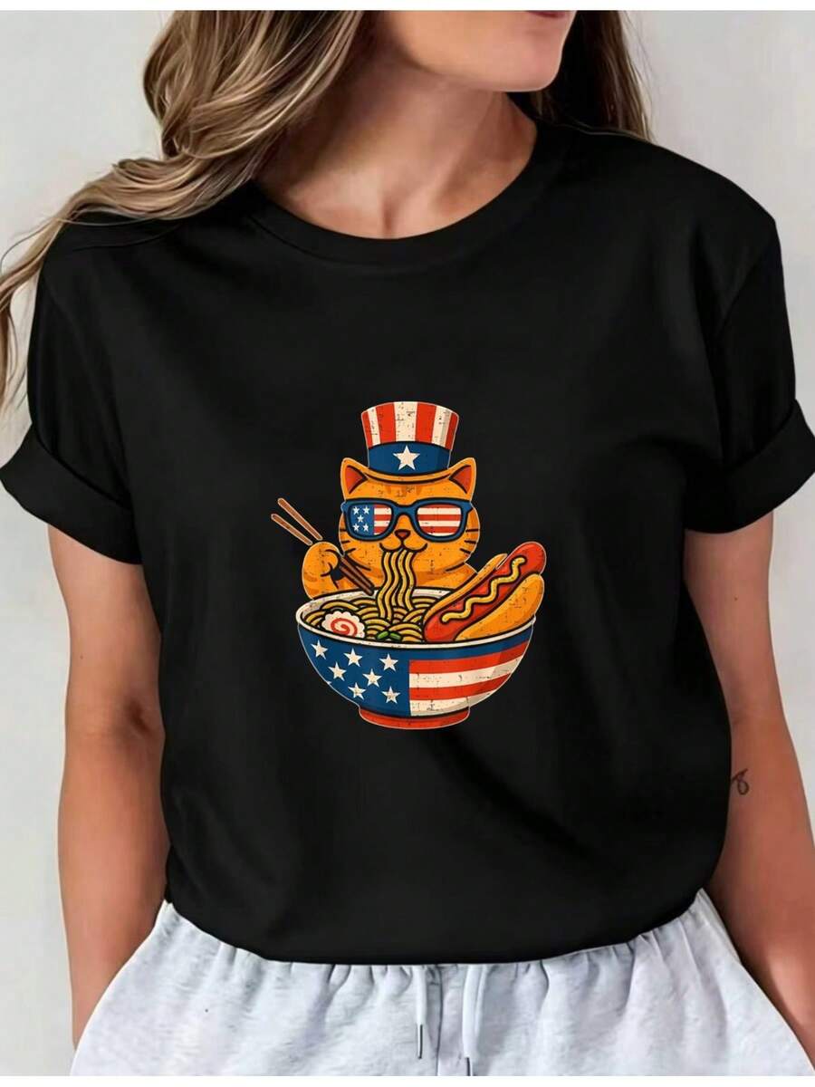 Camiseta Deportiva Casual para Mujer en Negro con Colorida Ilustración de Gato de Dibujos Animados - Camiseta Elástica de Cuello Redondo, Lavable aáquina, Ajuste Cómodo y Apta para Todas las Estaciones, para Combinar con Pantalones de Sudadera Grises. - Negro - Ver 1