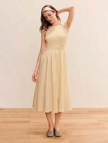 Vestido midi con rayas amarillas, escote cuadrado, parte superior fruncida y falda en línea A. Vestido primaveral y veraniego lindo, vestido amarillo lindo, atuendo casual de vacaciones, vestido de estilo francés - Amarillo - Ver 1