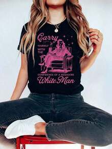 Camiseta con Estampado Gráfico de Feminismo, Manga Corta, Cuello Redondo, Top Casual para Verano y Primavera, Ropa de Mujer 2026, Ropa Fresca de Verano para Damas - Negro - Ver 1