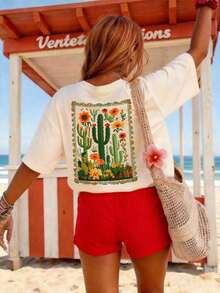 Camiseta de manga corta para mujer, de talla grande, con diseño de cactus y motivos florales.Adecuado para usar en todas las estaciones.Casual de Verano 100% Algodón - Albaricoque - Ver 3