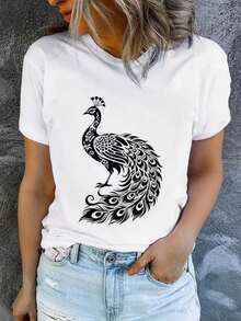 Casual Crew Neck T-Shirt, Plus Size T-Shirt For Women, Printed T-Shirt For Women, Printed With A Fun Black And White Peacock Design, Machine Washable, Casual And Versatile, Loose And Comfortable, A Perfect Gift For A Good Friend. - 白色 - 查看 1