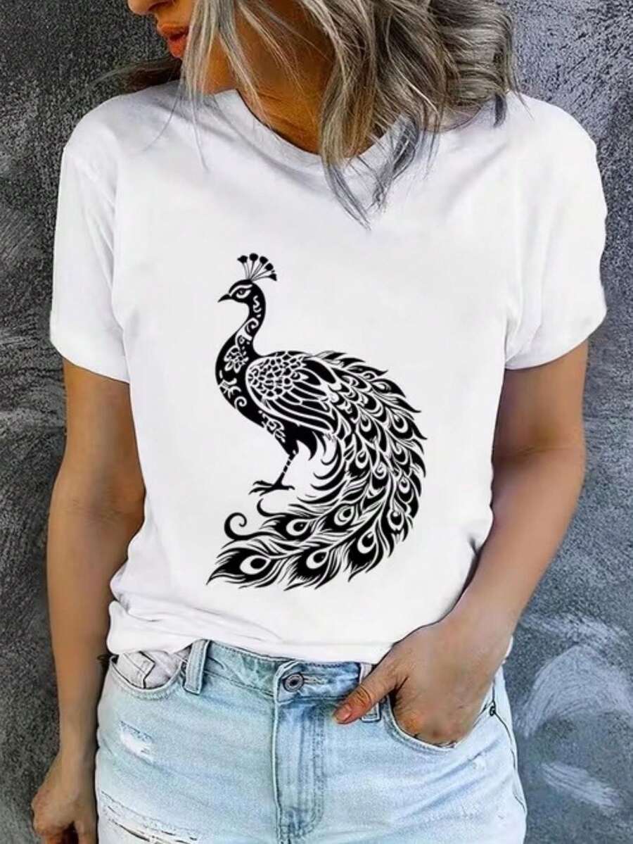Casual Crew Neck T-Shirt, Plus Size T-Shirt For Women, Printed T-Shirt For Women, Printed With A Fun Black And White Peacock Design, Machine Washable, Casual And Versatile, Loose And Comfortable, A Perfect Gift For A Good Friend. - 白色 - 查看 1